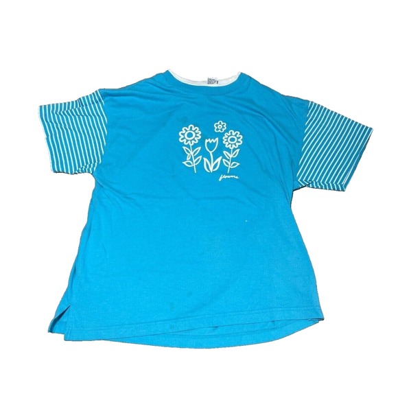Spirit Tops - Vintage Nature Shirt Womens‎ Large Blue Short Sleeve Floral Flowers Bold Spirit
